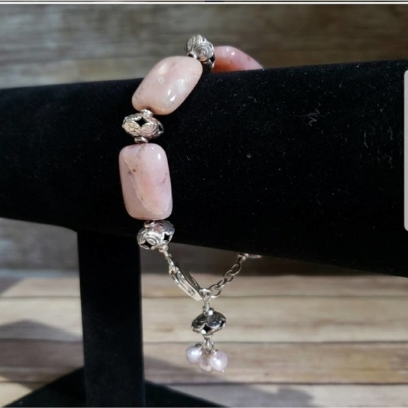 Rhodonite & Pearl Sterling Silver 4pc set Signed Bracelet Necklace Earrings - Picture 6 of 8